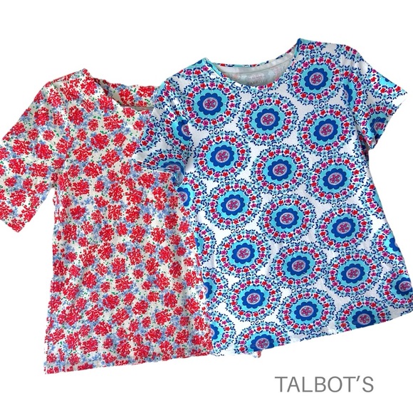 TALBOT’S | NWOT TWO PIMA COTTON SHORT SLEEVE TEES RED BLUE FLORAL TOPS | SMALL - Picture 1 of 11